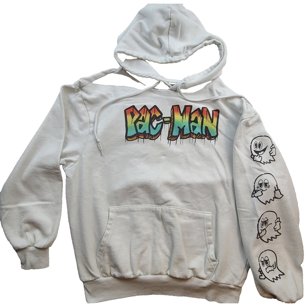 Pac-Man Hoodie Unisex Medium White Graffiti Ghost Sleeve Graphic Pullover Gamer